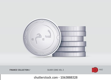 Silver coins. Realistic Moroccan Dirham coin standing near of stacked coins. Finance concept for websites, web design, mobile app, infographics.