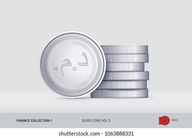 Silver coins. Realistic Moroccan Dirham coin standing near of stacked coins. Finance concept for websites, web design, mobile app, infographics.