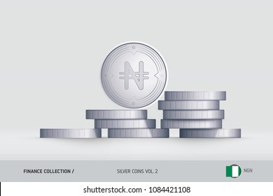 Silver coins. Realistic Nigerian Naira coin standing on stacked coins. Finance concept for websites, web design, mobile app, infographics.