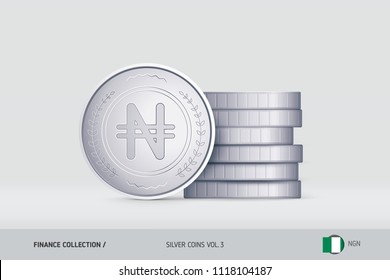 Silver coins. Realistic Nigerian Naira coin standing near of stacked coins. Finance concept for websites, web design, mobile app, infographics.