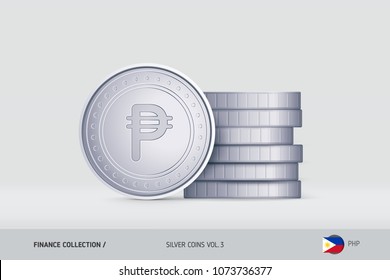 Silver coins. Realistic Philippine Peso coin standing near of stacked coins. Finance concept for websites, web design, mobile app, infographics.
