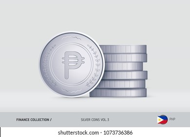 Silver coins. Realistic Philippine Peso coin standing near of stacked coins. Finance concept for websites, web design, mobile app, infographics.