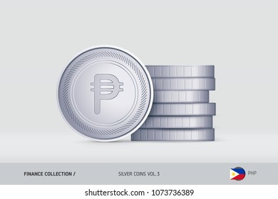 Silver coins. Realistic Philippine Peso coin standing near of stacked coins. Finance concept for websites, web design, mobile app, infographics.