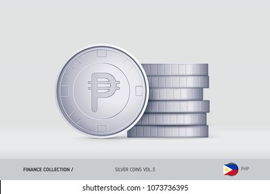 Silver coins. Realistic Philippine Peso coin standing near of stacked coins. Finance concept for websites, web design, mobile app, infographics.