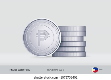 Silver coins. Realistic Philippine Peso coin standing near of stacked coins. Finance concept for websites, web design, mobile app, infographics.