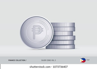 Silver coins. Realistic Philippine Peso coin standing near of stacked coins. Finance concept for websites, web design, mobile app, infographics.