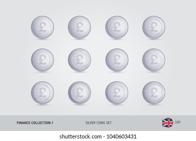Silver coins. Realistic silver Pound Sterling coins set. Isolated objects on background. Finance concept for websites, web design, mobile app, infographics.