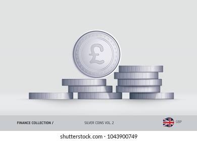 Silver coins. Realistic Pound Sterling coin standing on stacked coins. Finance concept for websites, web design, mobile app, infographics.