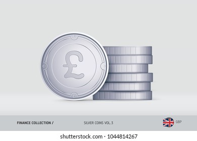 Silver coins. Realistic Pound Sterling coin standing near of stacked coins. Finance concept for websites, web design, mobile app, infographics.