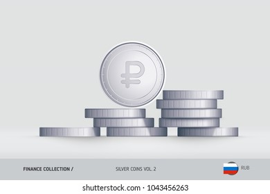 Silver coins. Realistic Russian Ruble coin standing on stacked coins. Finance concept for websites, web design, mobile app, infographics.