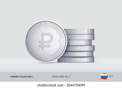 Silver coins. Realistic Russian Ruble coin standing near of stacked coins. Finance concept for websites, web design, mobile app, infographics.