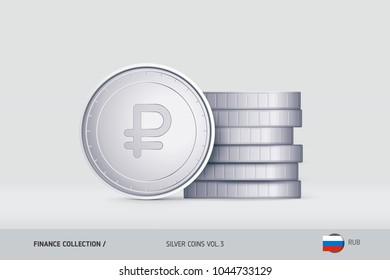 Silver coins. Realistic Russian Ruble coin standing near of stacked coins. Finance concept for websites, web design, mobile app, infographics.