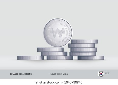 Silver coins. Realistic South Korean Won coin standing on stacked coins. Finance concept for websites, web design, mobile app, infographics.