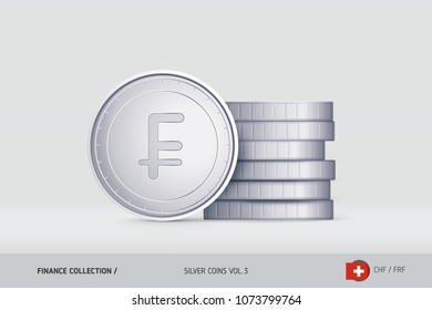 Silver coins. Realistic Swiss Franc coin standing near of stacked coins. Finance concept for websites, web design, mobile app, infographics.