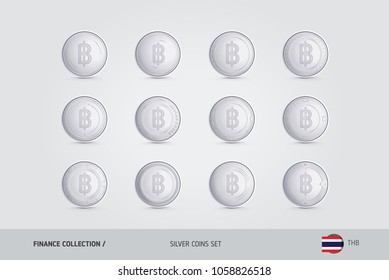 Silver coins. Realistic silver Thai Baht coins set. Isolated objects on background. Finance concept for websites, web design, mobile app, infographics.