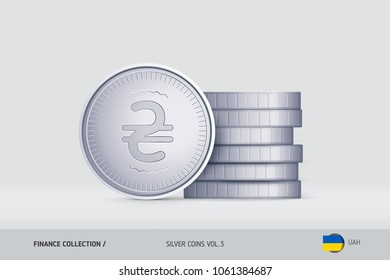 Silver coins. Realistic Ukrainian Hryvnia coin standing near of stacked coins. Finance concept for websites, web design, mobile app, infographics.