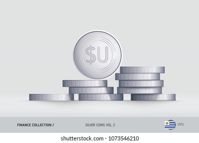 Silver coins. Realistic Uruguayan Peso coin standing on stacked coins. Finance concept for websites, web design, mobile app, infographics.