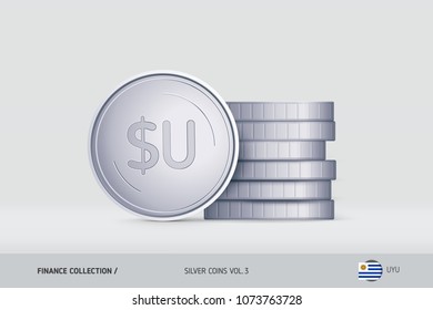 Silver coins. Realistic Uruguayan Peso coin standing near of stacked coins. Finance concept for websites, web design, mobile app, infographics.