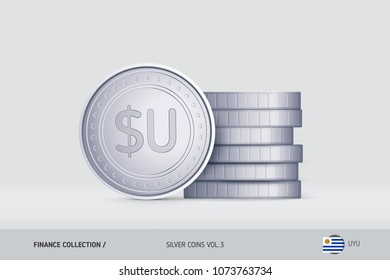 Silver coins. Realistic Uruguayan Peso coin standing near of stacked coins. Finance concept for websites, web design, mobile app, infographics.