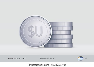 Silver coins. Realistic Uruguayan Peso coin standing near of stacked coins. Finance concept for websites, web design, mobile app, infographics.
