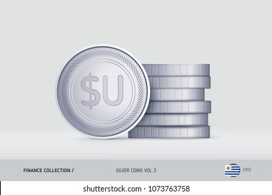 Silver coins. Realistic Uruguayan Peso coin standing near of stacked coins. Finance concept for websites, web design, mobile app, infographics.