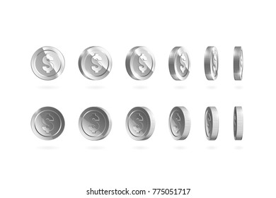 Silver coins set isolated on white in different positions