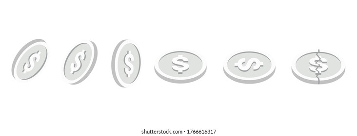 Silver coins set. Isometric silver dollar coins. Isolated on white background.