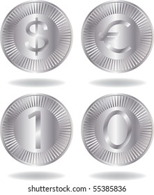 Silver coins set. Various variants of design. Isolated on a white background. Vector illustration (EPS8). All parts (object) closed, possibility to edit.