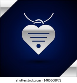Silver Collar with name tag and heart icon isolated on dark blue background. Simple supplies for domestic animal. Cat and dog care. Pet chains.  Vector Illustration