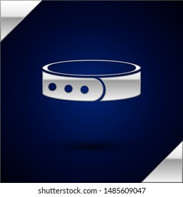 Silver Collar with name tag icon isolated on dark blue background. Simple supplies for domestic animal. Cat and dog care. Pet chains.  Vector Illustration