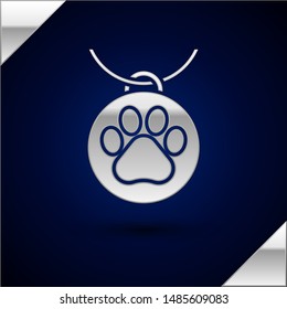 Silver Collar with name tag icon isolated on dark blue background. Supplies for domestic animal. Dog or cat paw print. Cat and dog care. Pet chains.  Vector Illustration