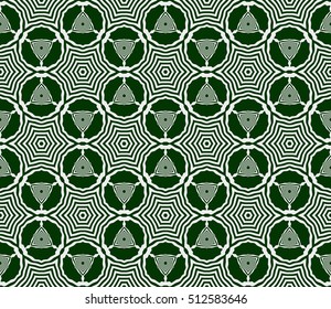 Silver color geometry seamless pattern. Optical illusion. Vector illustration. For design, interior, wallpaper. Green background