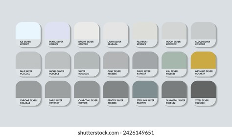 Silver Color Guide Palette with Color Names. Catalog Samples Silver with RGB HEX codes and Names. Metal Colors Palette Vector, Wood and Plastic Silver Color Palette, Fashion Trend Silver Color Palette