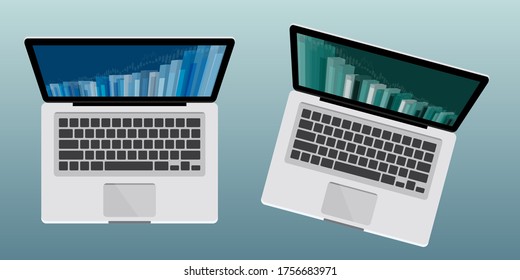 Silver color laptop (top view) with financial data on screen isolated on gradient background. Flat design vector illustration.