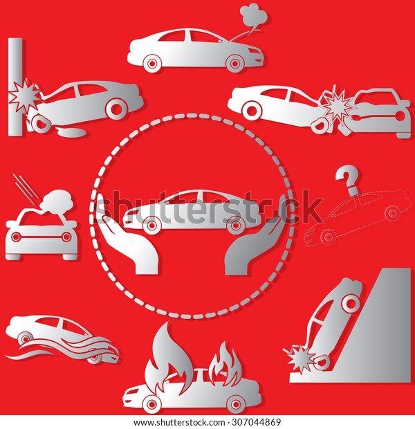 The silver color symbol on the car\
insurance  on a red background. In vector\
style.