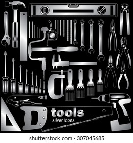 Silver color wrench and tools on dark background. In vector style.
