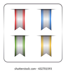 Silver and colored bookmark banners set. Vertical book marks labels isolated on white background. Flag symbol, sign. Design elements collection. Empty tag stickers. Template icons. Vector illustration