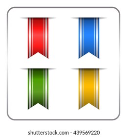 Silver and colored bookmark banners set. Vertical book marks labels isolated on white background. Flag symbol, sign. Design elements collection. Empty tag stickers. Template icons. Vector illustration