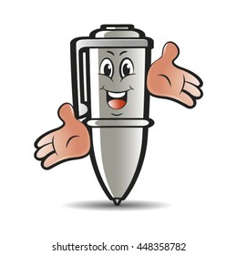 silver colored happy ballpoint pen cartoon-vector drawing
