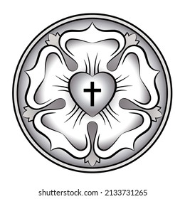 Silver colored Luther rose. Calligraphic Luther seal, a symbol of Lutheranism. Expression of theology and faith of Martin Luther, consisting of a cross in a heart, a single rose, surrounded by a ring.