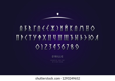Silver colored and metal chrome geometric serif font. Cyrillic letters and numbers for movie and viking logo design