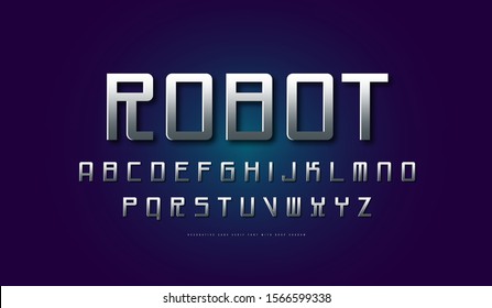 Silver colored and metal chrome monospaced sans serif font in cyber style. Letters for sci-fi, cosmic logo and emblem design