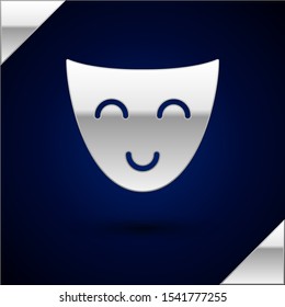 Silver Comedy theatrical mask icon isolated on dark blue background.  Vector Illustration