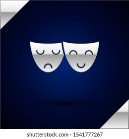 Silver Comedy and tragedy theatrical masks icon isolated on dark blue background.  Vector Illustration