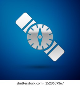 Silver Compass icon isolated on blue background. Windrose navigation symbol. Wind rose sign.  Vector Illustration