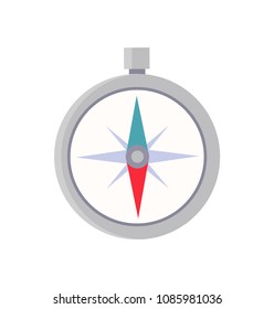 Silver compass isolated on white colorful icon, vector illustration of round navigation tool with blue and red arrows, nautical and orientation device