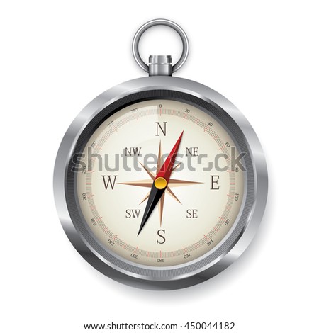 Silver Compass, Isolated vintage metal compass on a white background vector.