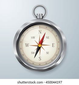 Silver Compass, vintage metal compass vector.