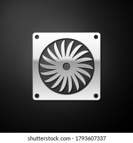 Silver Computer cooler icon isolated on black background. PC hardware fan. Long shadow style. Vector.