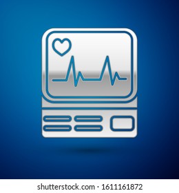 Silver Computer monitor with cardiogram icon isolated on blue background. Monitoring icon. ECG monitor with heart beat hand drawn.  Vector Illustration